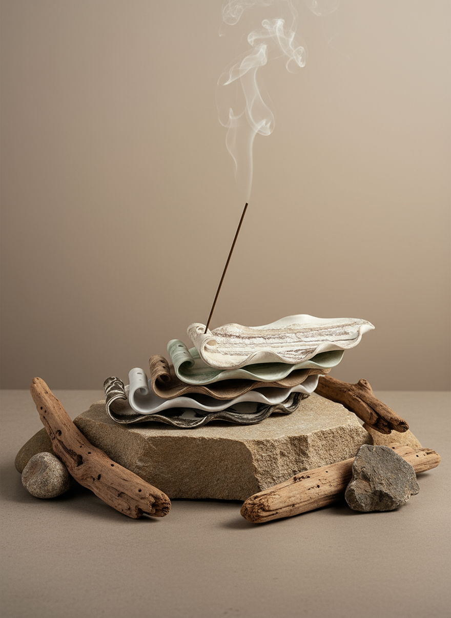 A Juan Fu ceramic incense holder with a burning incense stick and soft smoke
